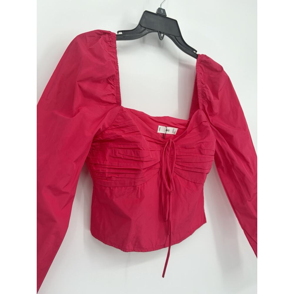 MANGO Hot Pink Ruched Crop Top Small NWT Fitted Y2K Chic Puff Sleeve Barbiecore - Picture 5 of 16